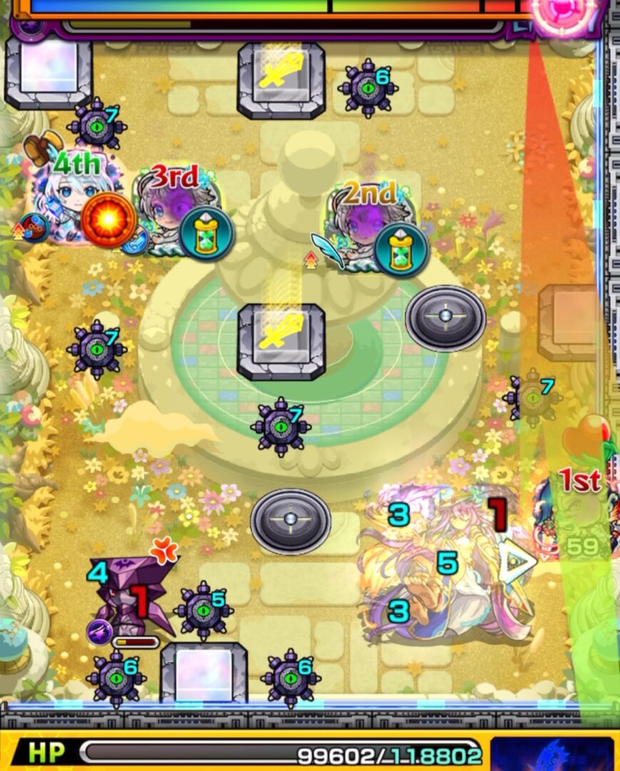 天魔の孤城 空中庭園 第10の園 ステージ4の4手目。アグナムートXで透過パネルを踏んで中ボスを実体化させるが、パワースイッチをLv2に揃えられずダメージが伸びなかった場面。