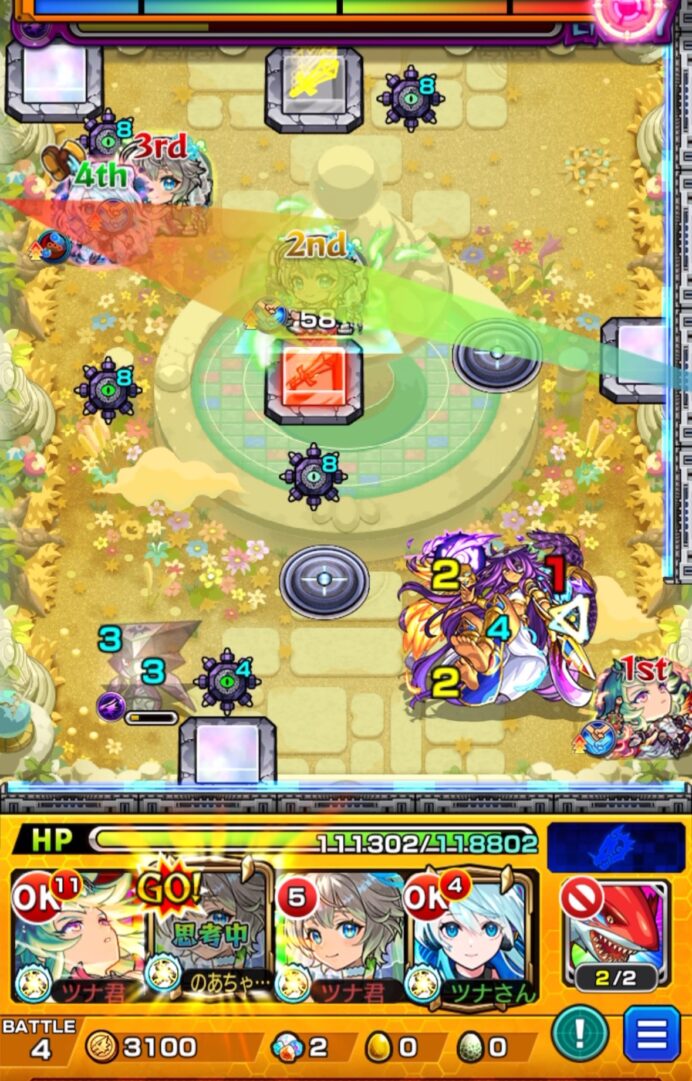 天魔の孤城 空中庭園 第10の園 ステージ4の5手目。三途αのSSで味方を強化し、ハンシャインを処理しながら中ボスを透過状態に戻す場面。