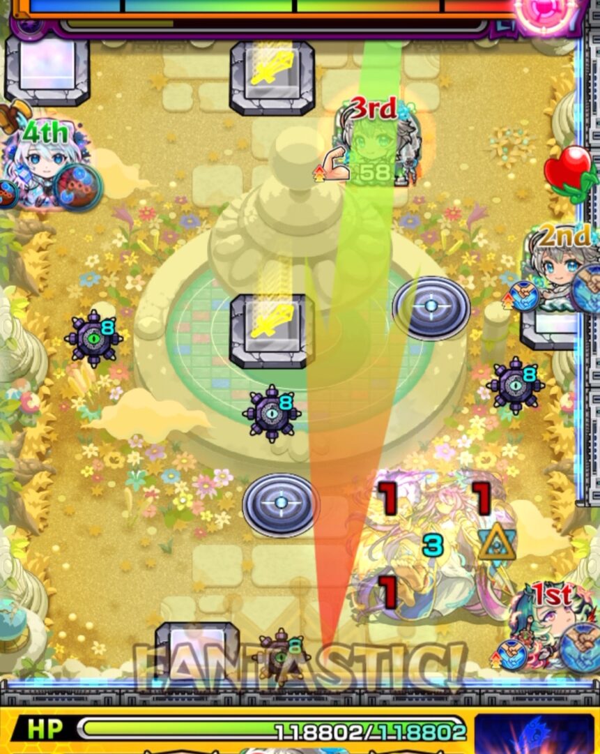 天魔の孤城 空中庭園 第10の園 ステージ4の6手目。三途αでパワースイッチLv2を維持し、透過パネルを踏んで中ボスを実体化させて撃破する場面。