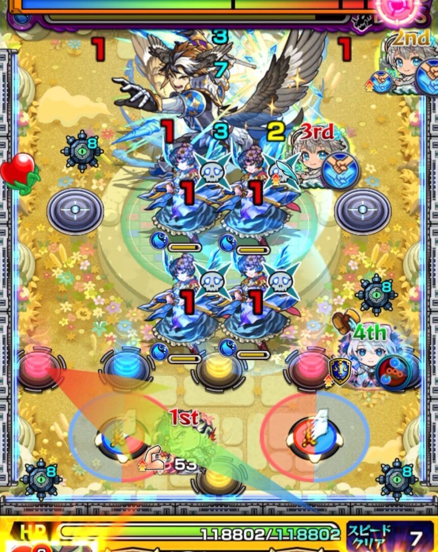 天魔の孤城 空中庭園 第10の園 ボス1の1手目。アグナムートXでムラサメを攻撃するが、回転剣パネルを青で踏み火力が伸びなかった場面。