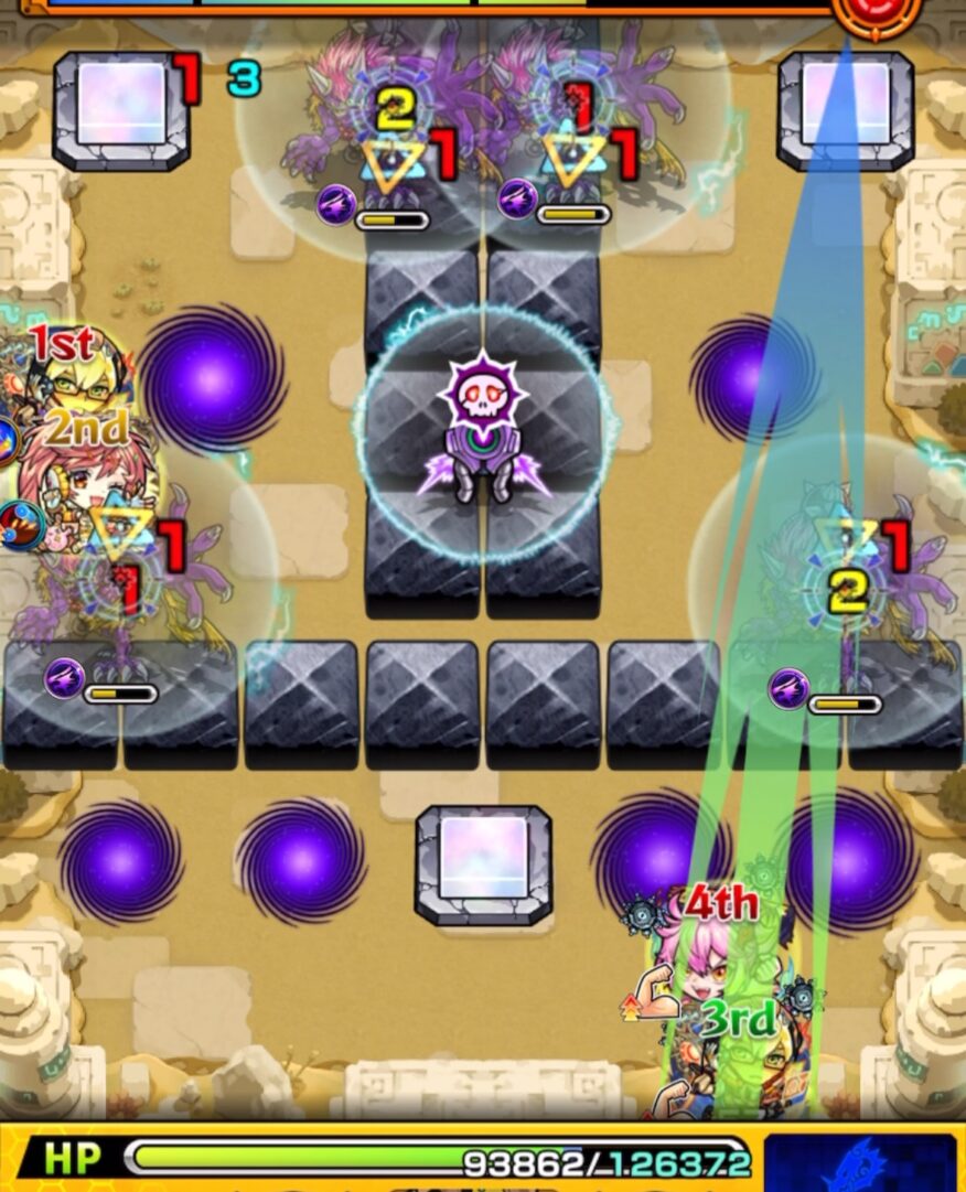 未開の砂宮 拠点25のステージ1・3手目。右上の透過パネルを踏んで鬼を実体化させ、右側の鬼2体を処理している場面。