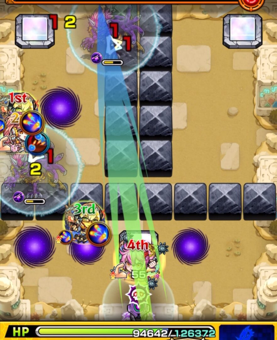 未開の砂宮 拠点25のステージ1・4手目。4Pのゲキリンで上の鬼の弱点から壁反射を狙うが、減速の影響で右側の鬼まで届かず同時処理できなかった場面。