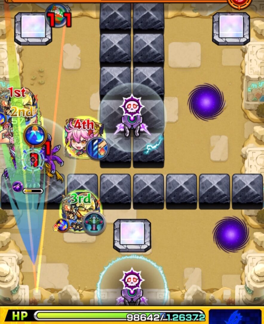 未開の砂宮 拠点25のステージ1・5手目。1Pフォルテで鬼の弱点を攻撃しつつビットンを破壊し、攻撃力アップバブルで味方全員を強化してステージ1を突破した場面。