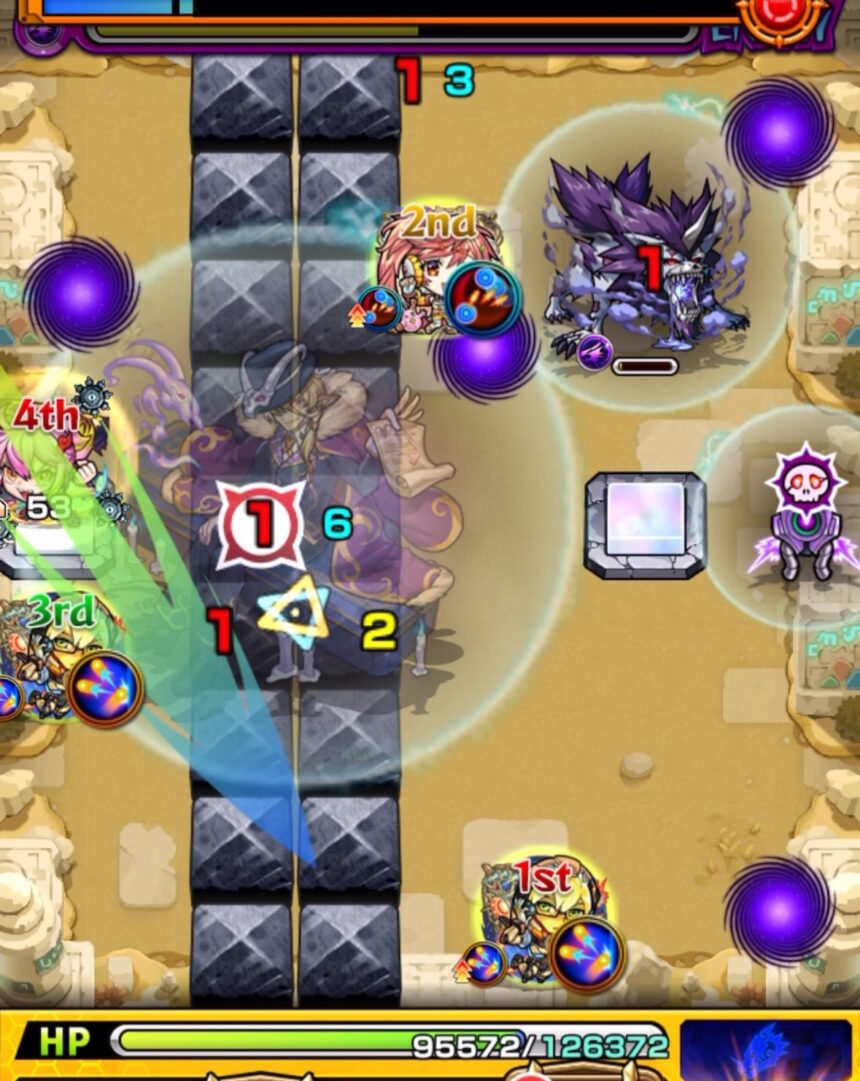 未開の砂宮 拠点25のステージ2・3手目。4Pゲキリンで透過パネルを踏み鬼の処理を狙うが、弾く角度が合わずオオカミに当てられず失敗し、攻撃力ダウンを受けてしまった場面。