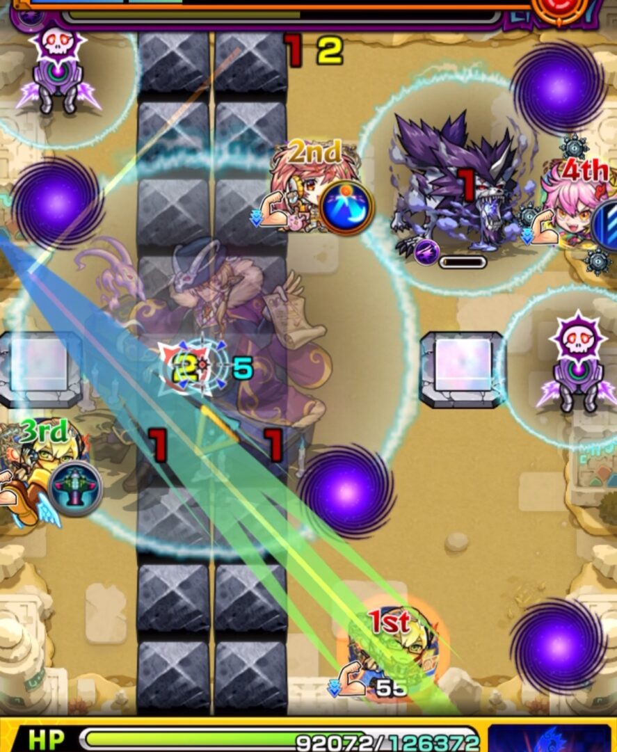 未開の砂宮 拠点25のステージ2・4手目。1Pフォルテでオオカミを処理しつつビットンを破壊し、攻撃アップバブルを発動させて味方全員を強化した場面。