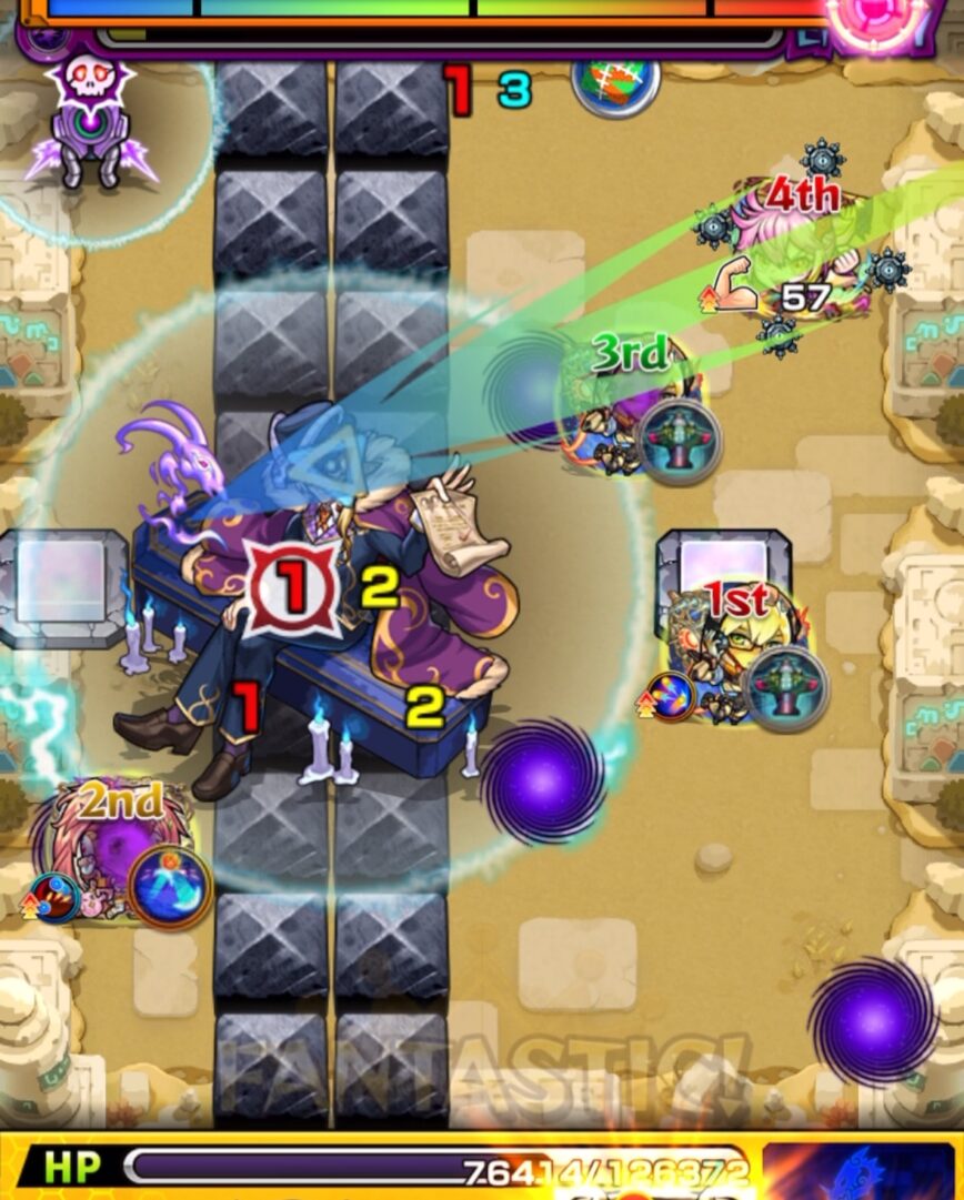 未開の砂宮 拠点25のステージ2・7手目。4Pゲキリンで中ボスの弱点を攻撃し、HPを削り切ってステージ2を突破した場面。