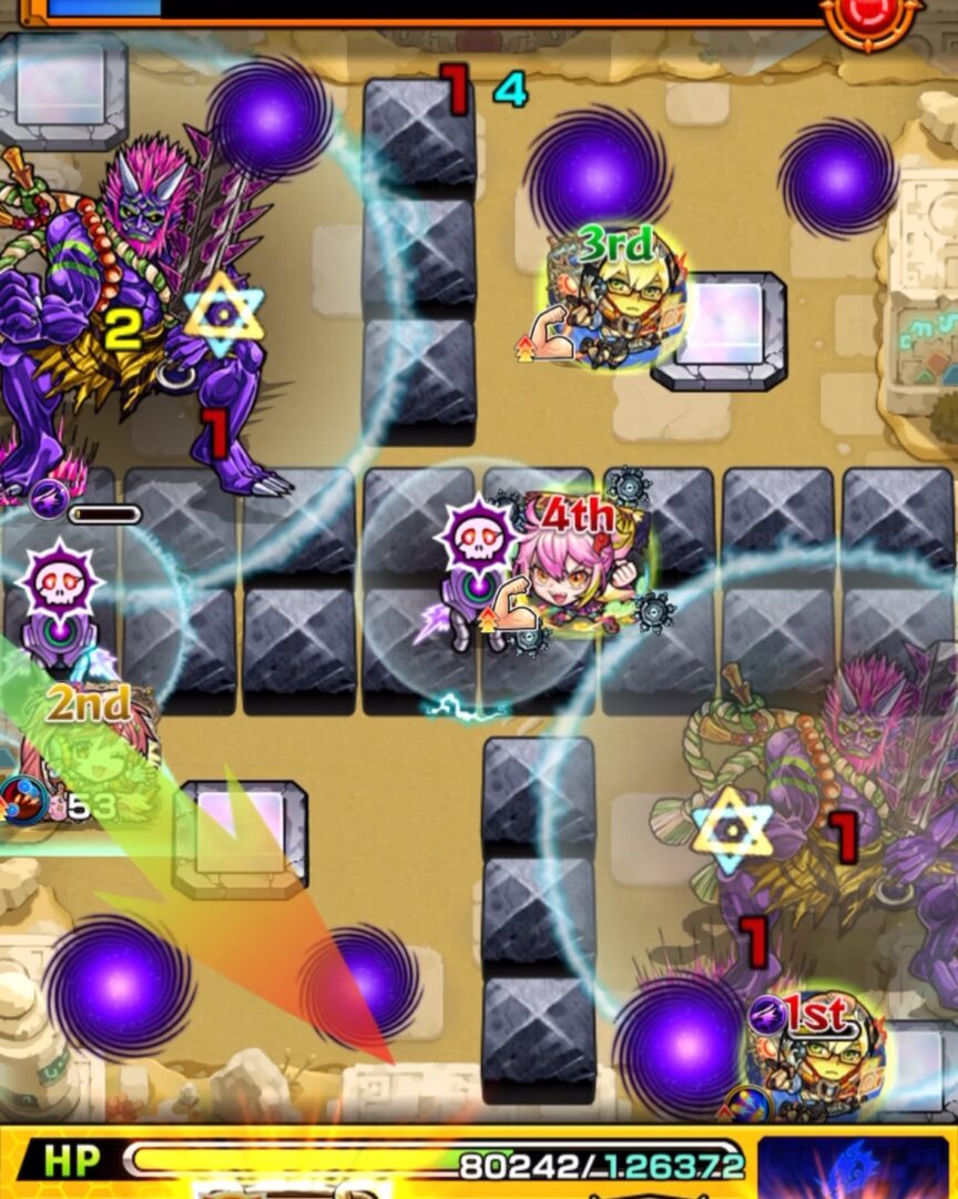 未開の砂宮 拠点25のステージ3・2手目。2Pサンダルフォンで透過パネルを踏み、下壁反射から右下の鬼の弱点を攻撃して1体処理した場面。