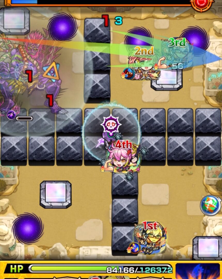 未開の砂宮 拠点25のステージ3・3手目。3Pフォルテで透過パネルを踏み、右壁反射から左の鬼の弱点を攻撃して処理しステー3を突破した場面。