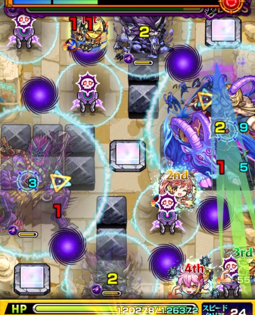 未開の砂宮 拠点25のボス2・1手目。3Pフォルテで透過パネルを踏み、オオカミ経由で右側の鬼を実体化させ、弱点を攻撃してHPを半分削った場面。