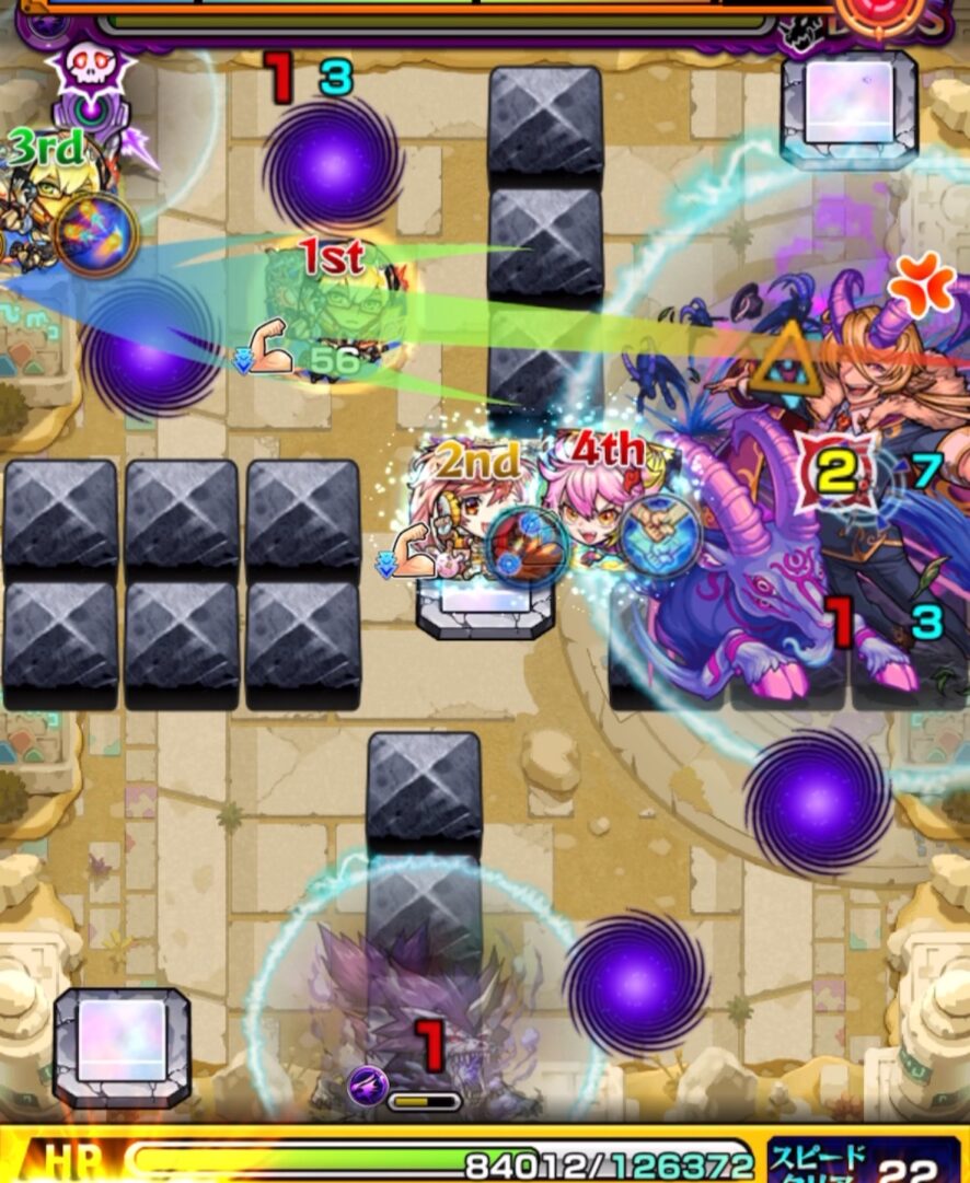 未開の砂宮 拠点25のボス2・3手目。1Pフォルテでビットンを破壊して攻撃アップを受け、オオカミを処理しながらボスのHPを削り切ってボス2を突破した場面。