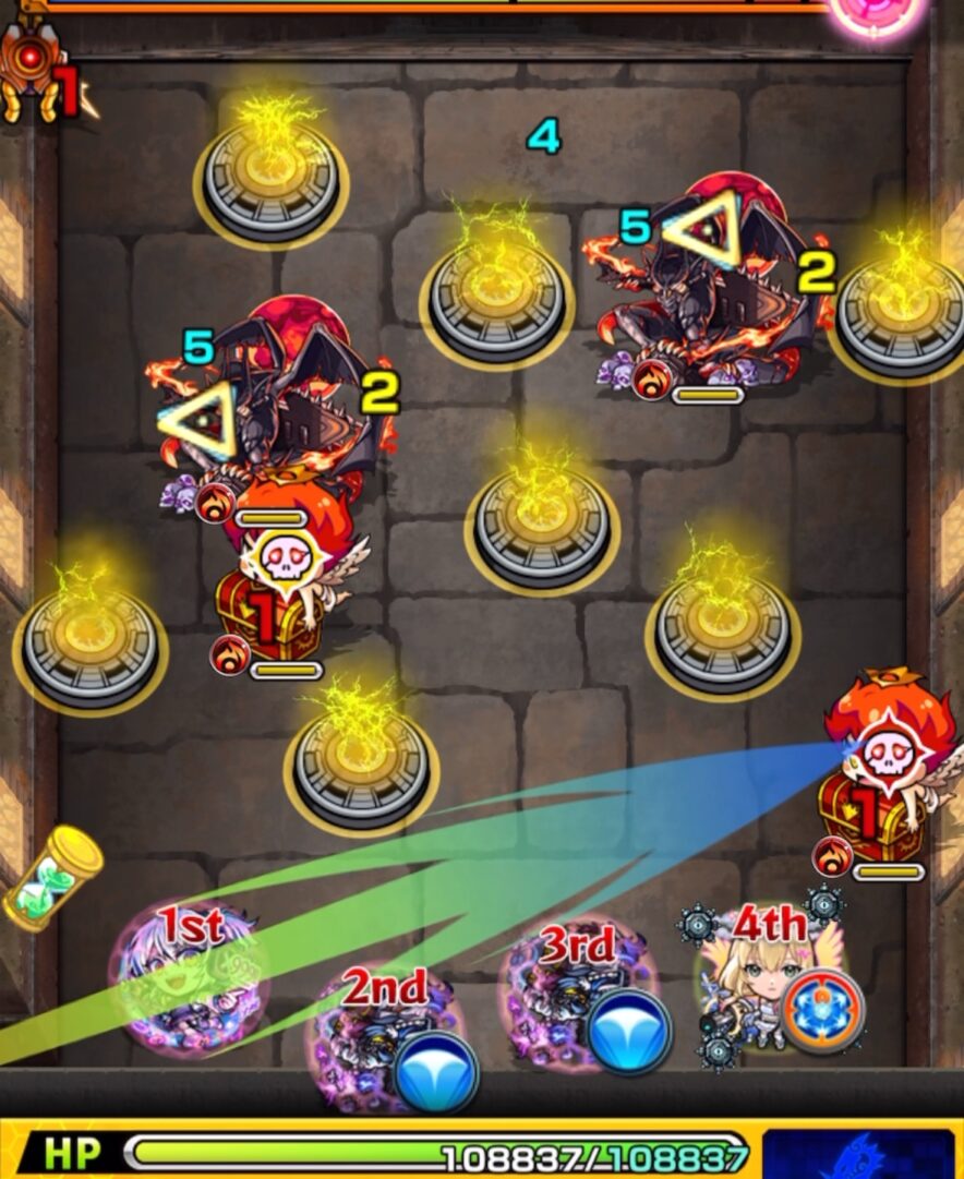 超究極「完璧な複製体」ゼンゼのステージ1にて、右の天使を黄ドクロに変化させ金ハートを出現させる1手目の立ち回りスクリーンショット
