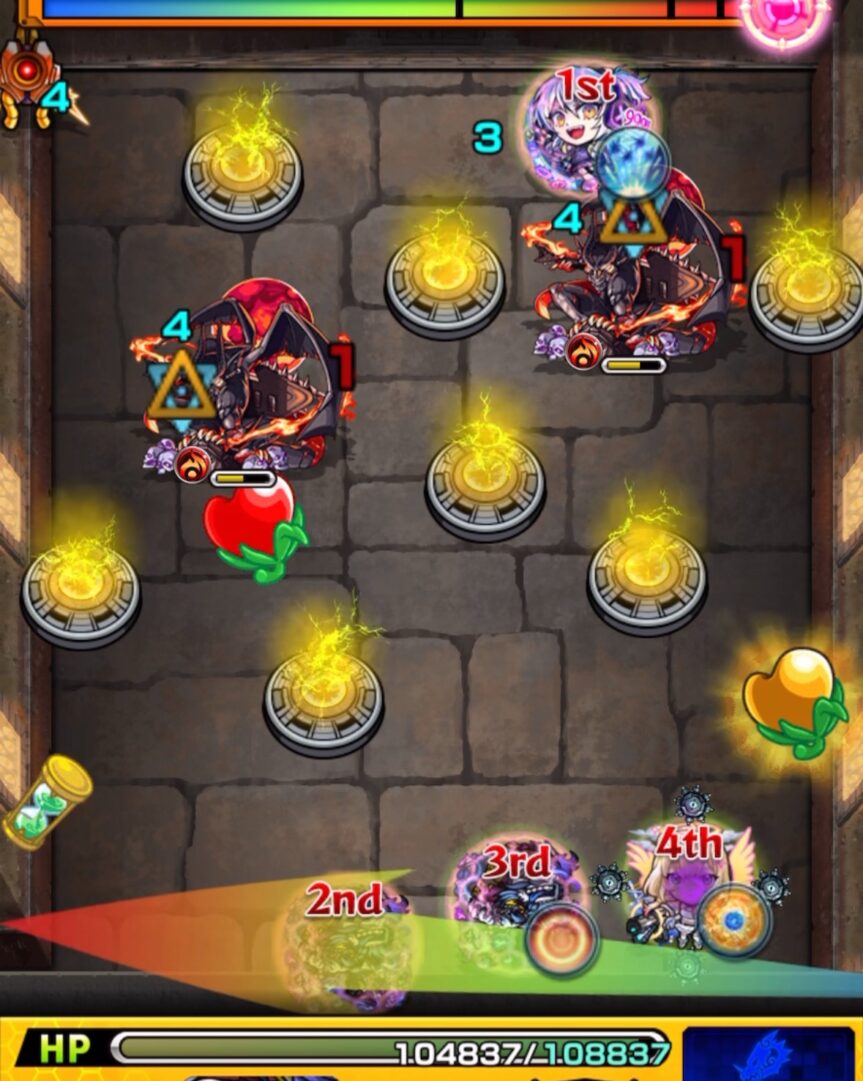 超究極「完璧な複製体」ゼンゼのステージ1にて、金ハートで毒を解除しながら友情と直殴りでガーゴイルを削る2手目の立ち回りスクリーンショット
