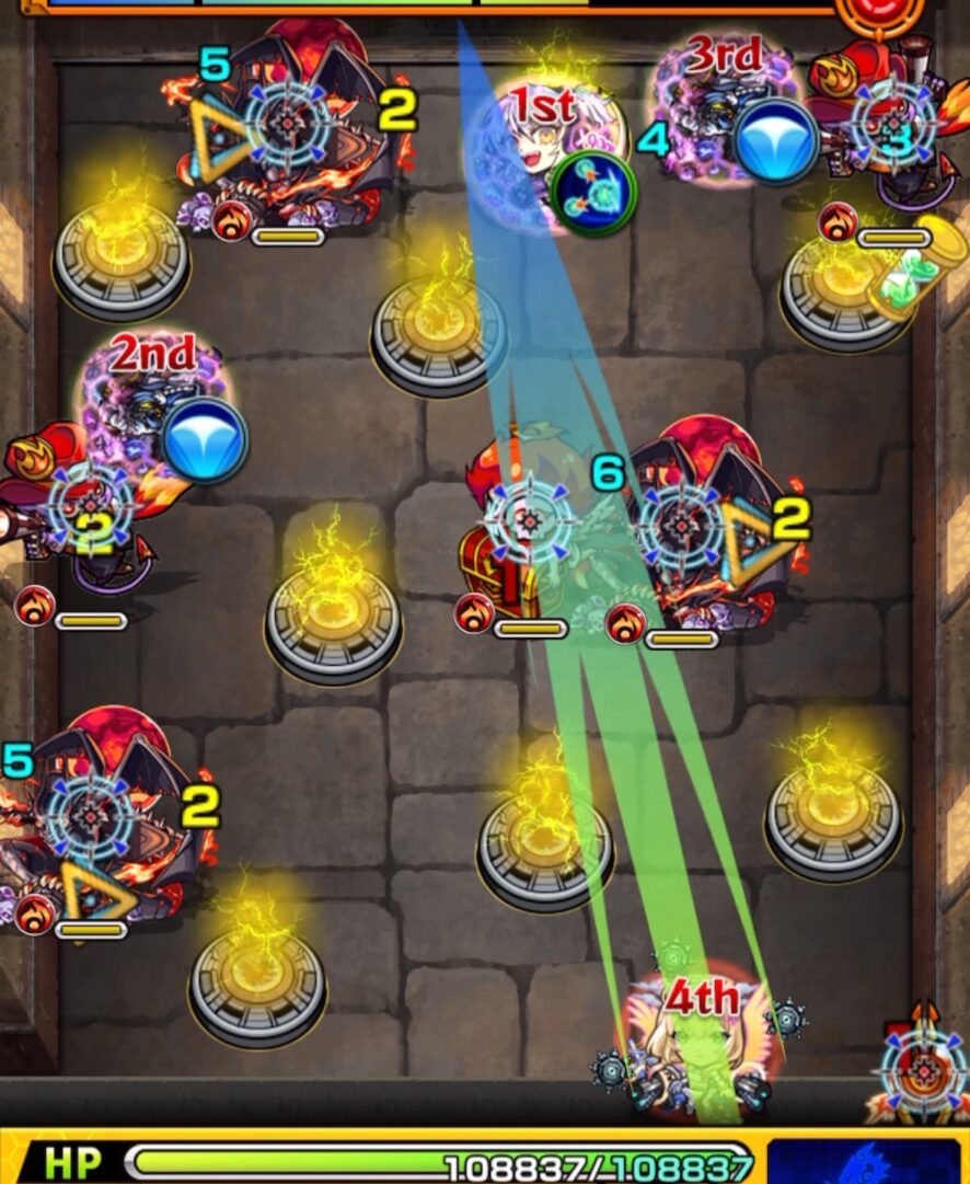 超究極「完璧な複製体」ゼンゼのステージ2にて、天使を黄ドクロに変化させガンマン2体を処理し、毒メテオ後に金ハートが出現する1手目の立ち回りスクリーンショット
