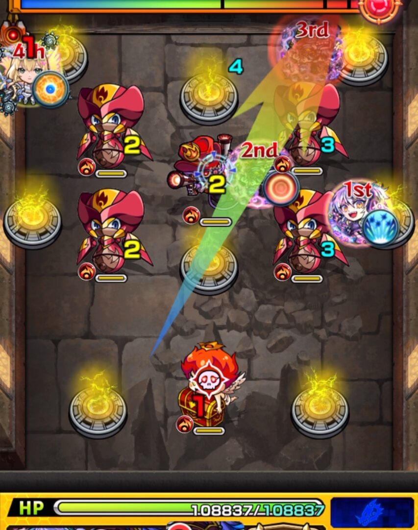 超究極「完璧な複製体」ゼンゼのステージ3にて、天使を黄ドクロに変化させて処理し、金ハートが出現する1手目の立ち回りスクリーンショット
