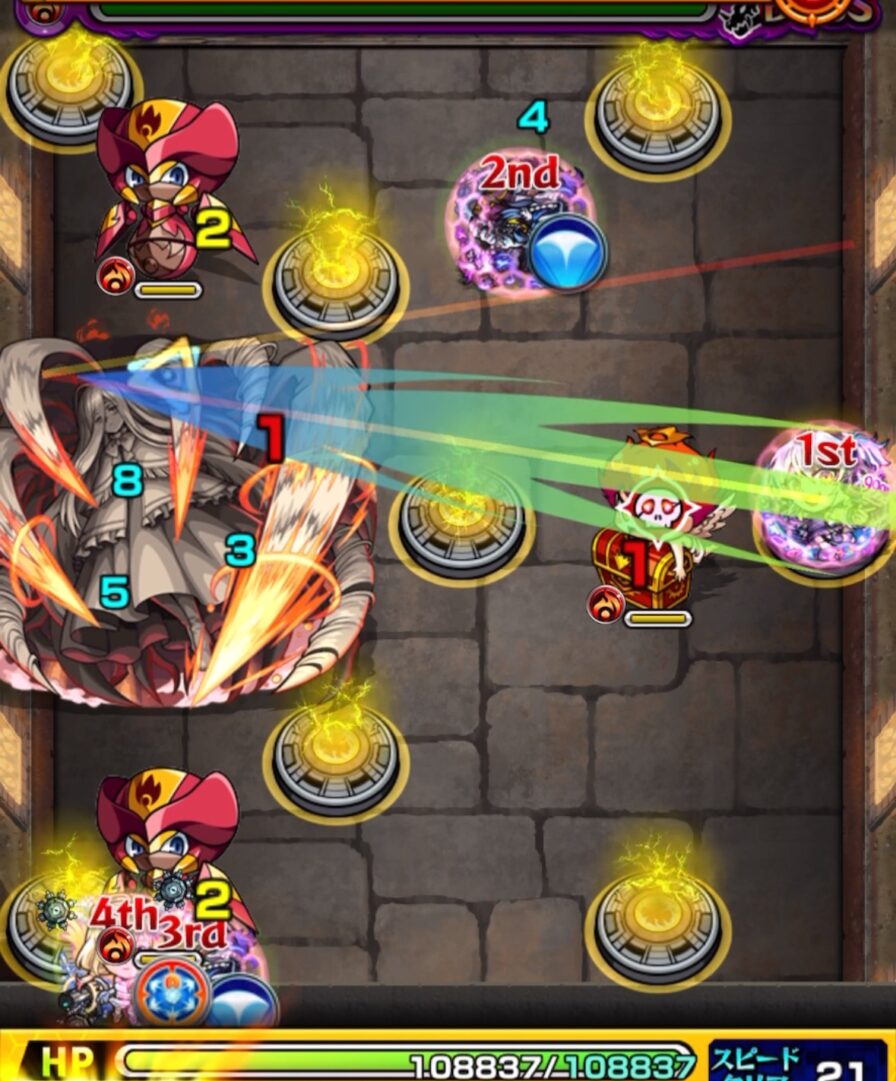 超究極「完璧な複製体」ゼンゼのボス2にて、天使を黄ドクロで処理して金ハートを出現させ、毒メテオを受ける1手目の立ち回りスクリーンショット
