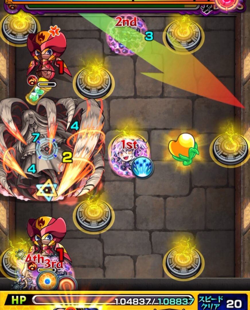 超究極「完璧な複製体」ゼンゼのボス2にて、金ハートで毒を解除しながら弱点側のハンシャインの間に挟まり、大ダメージを与える2手目の立ち回りスクリーンショット
