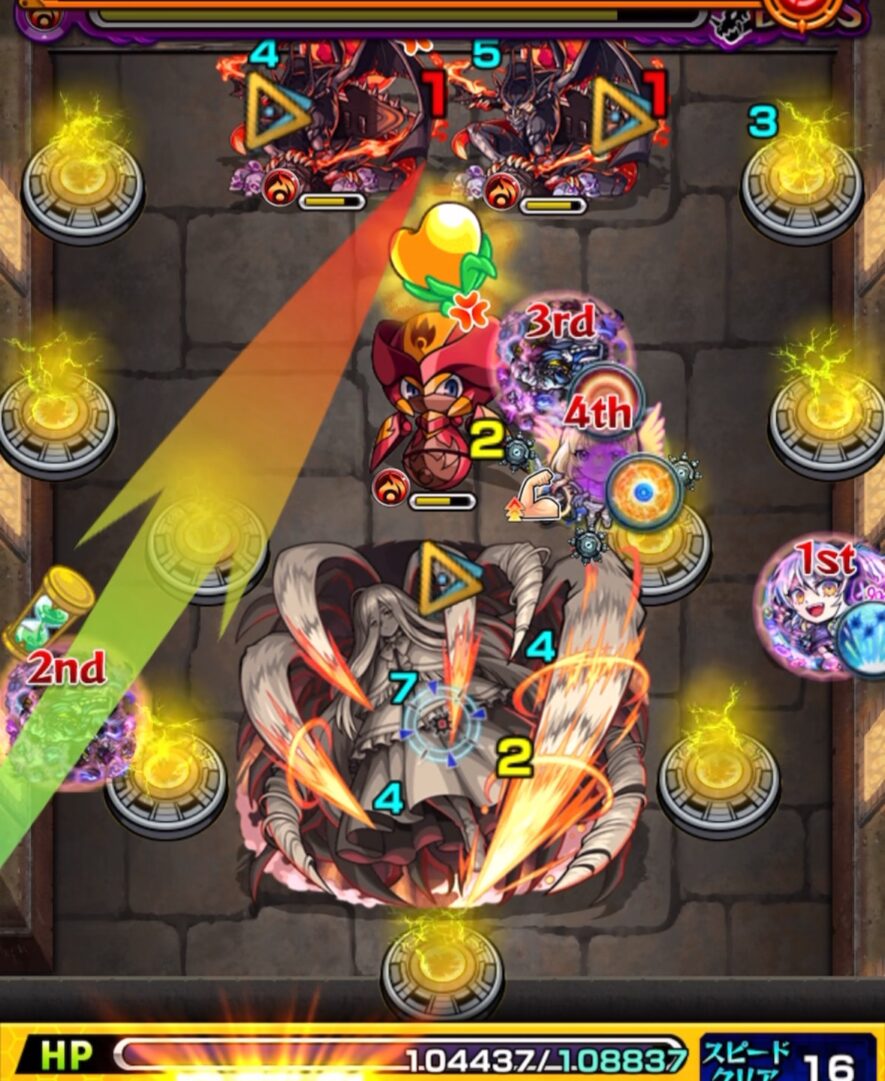 超究極「完璧な複製体」ゼンゼのボス3にて、金ハートを回収して味方全体の毒状態を解除する2手目の立ち回りスクリーンショット
