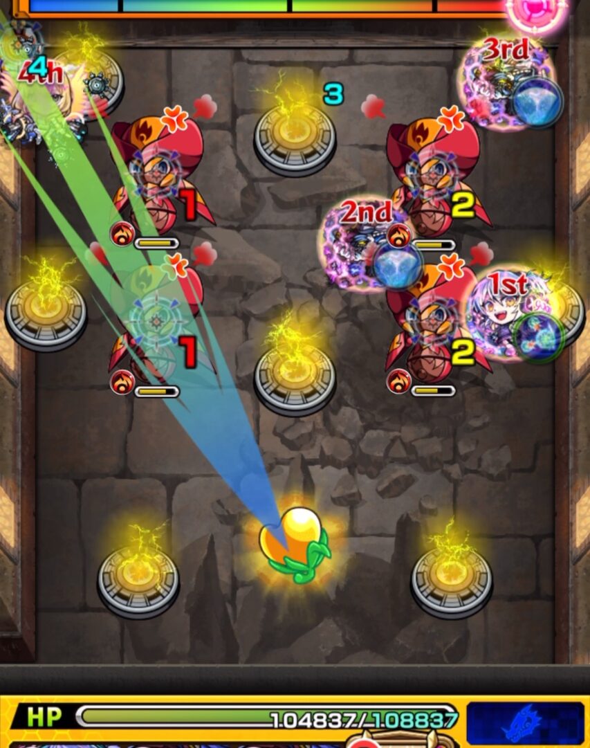 超究極「完璧な複製体」ゼンゼのステージ3にて、金ハートで毒を解除しながら友情と直殴りでハンシャイン2体を処理する2手目の立ち回りスクリーンショット
