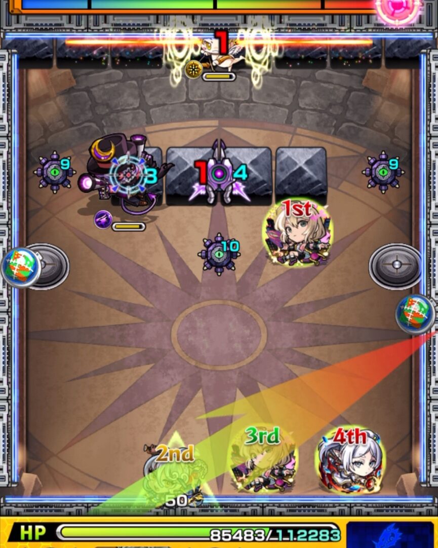 超究極・複製体フリーレン ステージ1の2手目。右壁反射で地雷を踏み、ビットンとガンマンの間を狙い、殴りと友情で処理してステージ突破