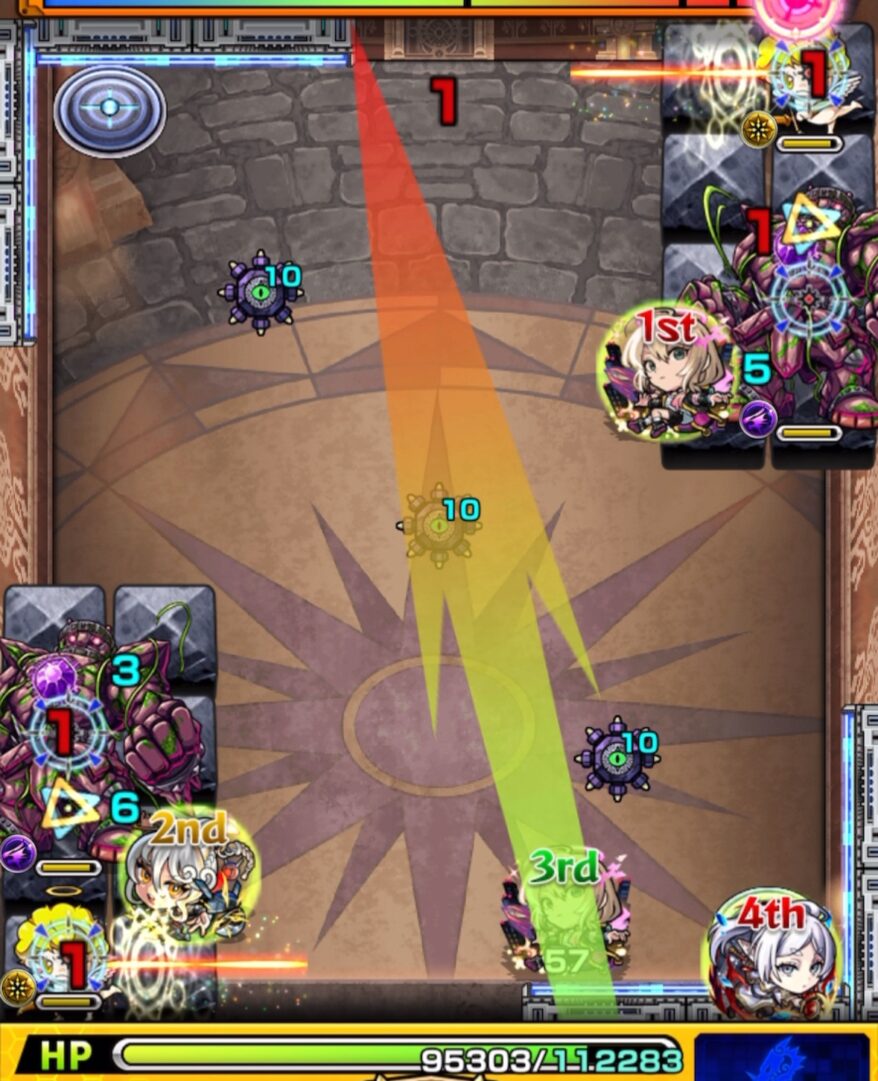 ステージ2の1手目。地雷を踏んで上壁反射し、天使とゴーレムの間に挟まってゴーレムを処理