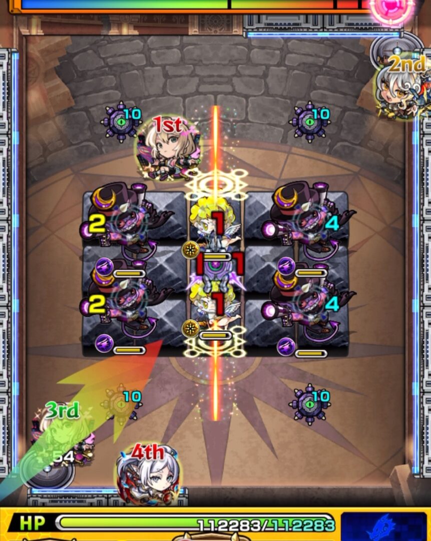 ステージ3の1手目。地雷を踏んで天使とガンマンの間に挟まり、ガンマンを1体処理する場面