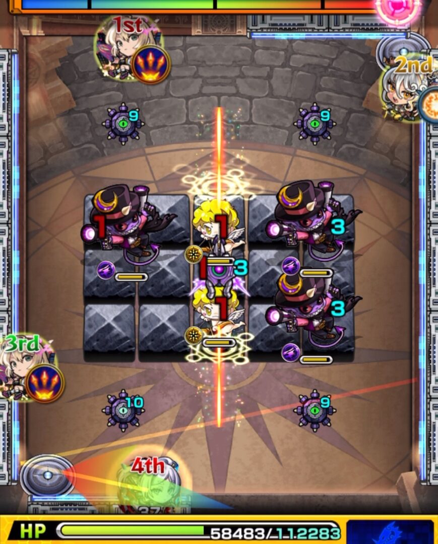 ステージ3の2手目。挟まりを狙わず地雷を踏んで回復を優先し、ガンマンへのダメージが通らなかった場面