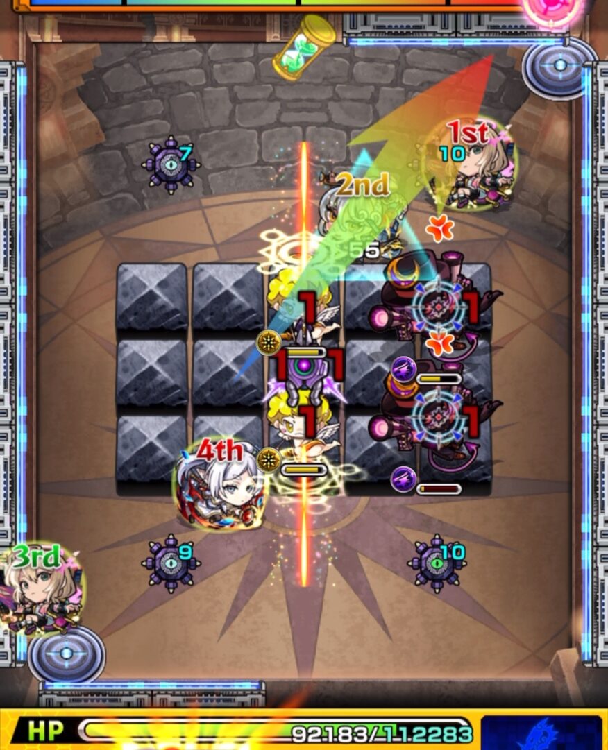 ステージ3の4手目。地雷を踏みつつ壁反射で弾き、友情とガンマンと天使の挟まりでガンマン2体を処理した場面