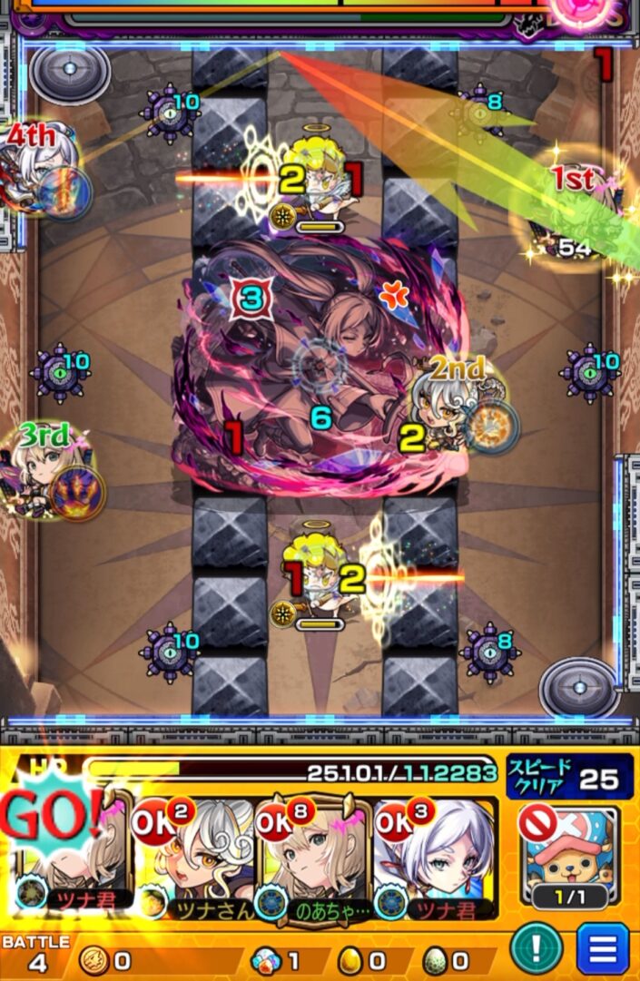 ボス1の3手目。HPが少ない状態でエルのSSを使用し、地雷とセンサーを経由しながらボスに大ダメージを与えた場面