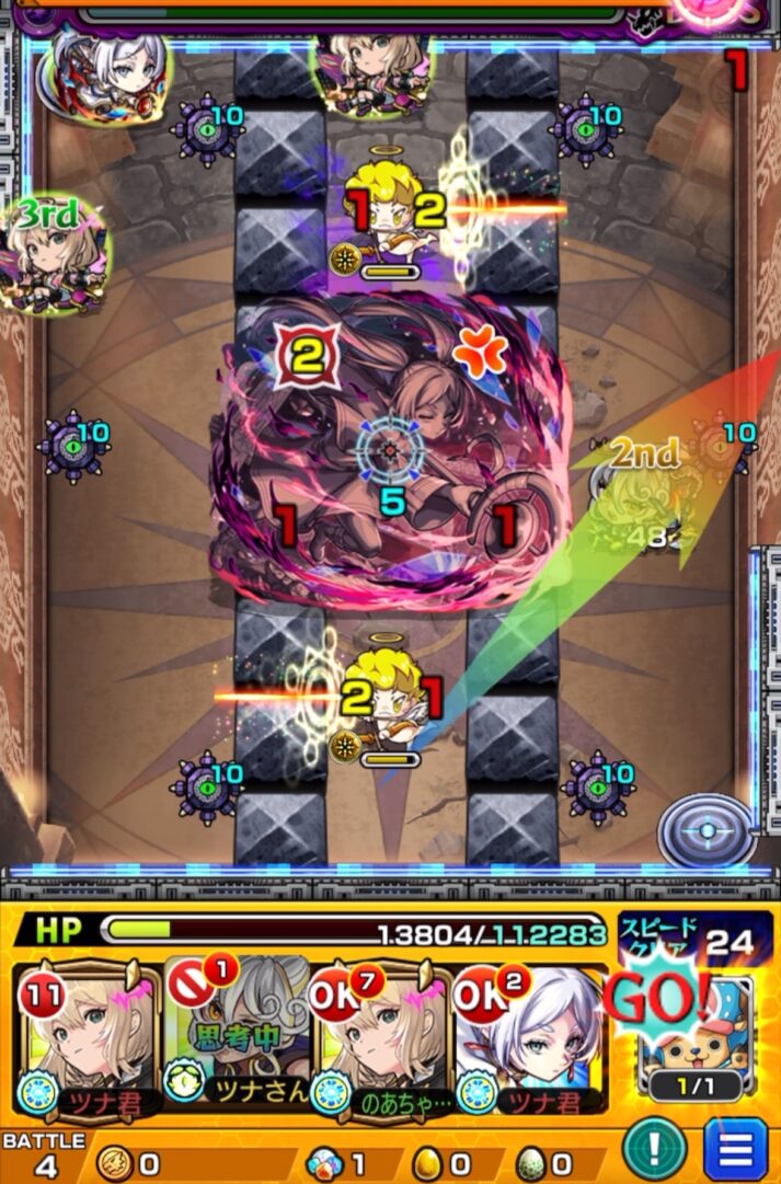 ボス1の4手目。守護獣チョッパーで回復しながら地雷とセンサーを経由し、ボスを撃破した場面