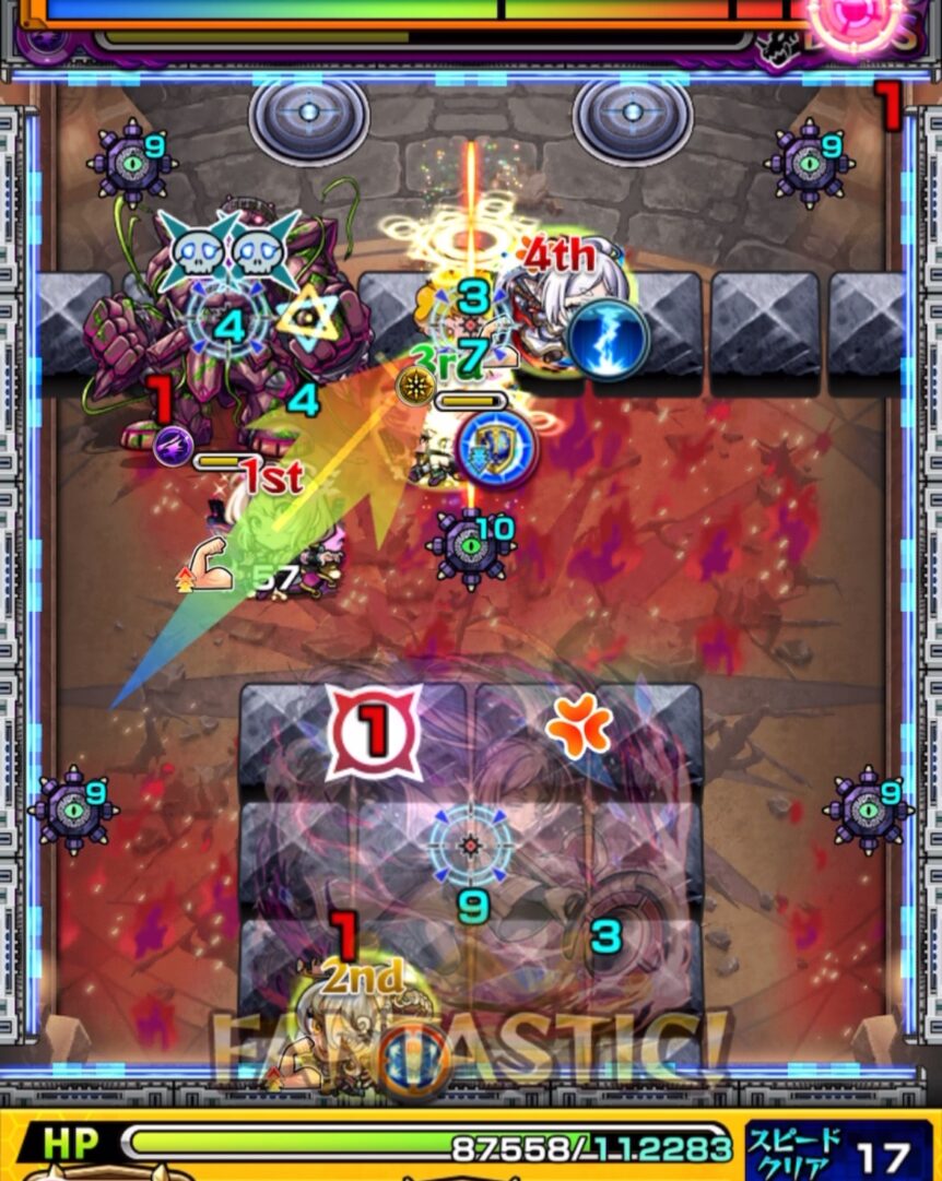 ボス3の2手目。天使とゴーレムの間を狙い、ゴーレム処理後にクロスドクロでボスが実体化した場面