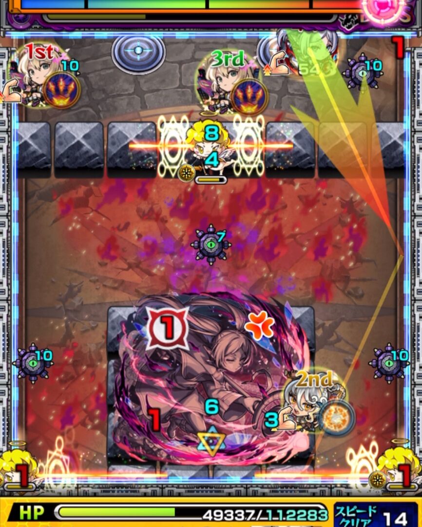 ボス3の5手目。地雷を踏めず下壁との挟まりも成立せず、ダメージを出せなかった場面