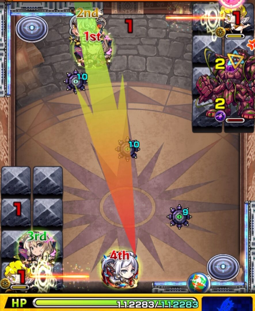 ステージ2の4手目。地雷を踏んでセンター経由から天使とゴーレムの間に挟まり、処理に成功する場面