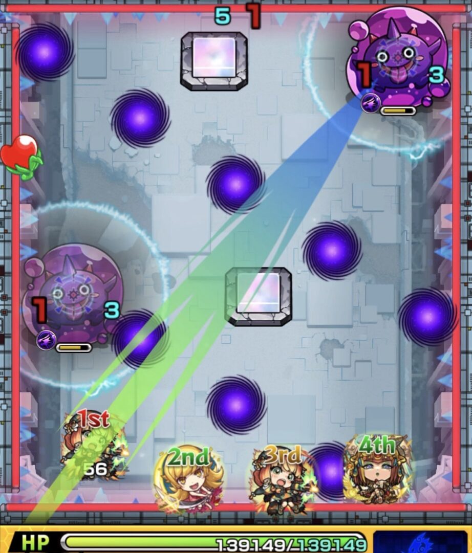 破界の星墓・アポカリプスの星墓 ステージ1の初手。ぷよリンをヒットチャージウォール4触れ後の直殴りで同時処理する立ち回りを示したスクリーンショット