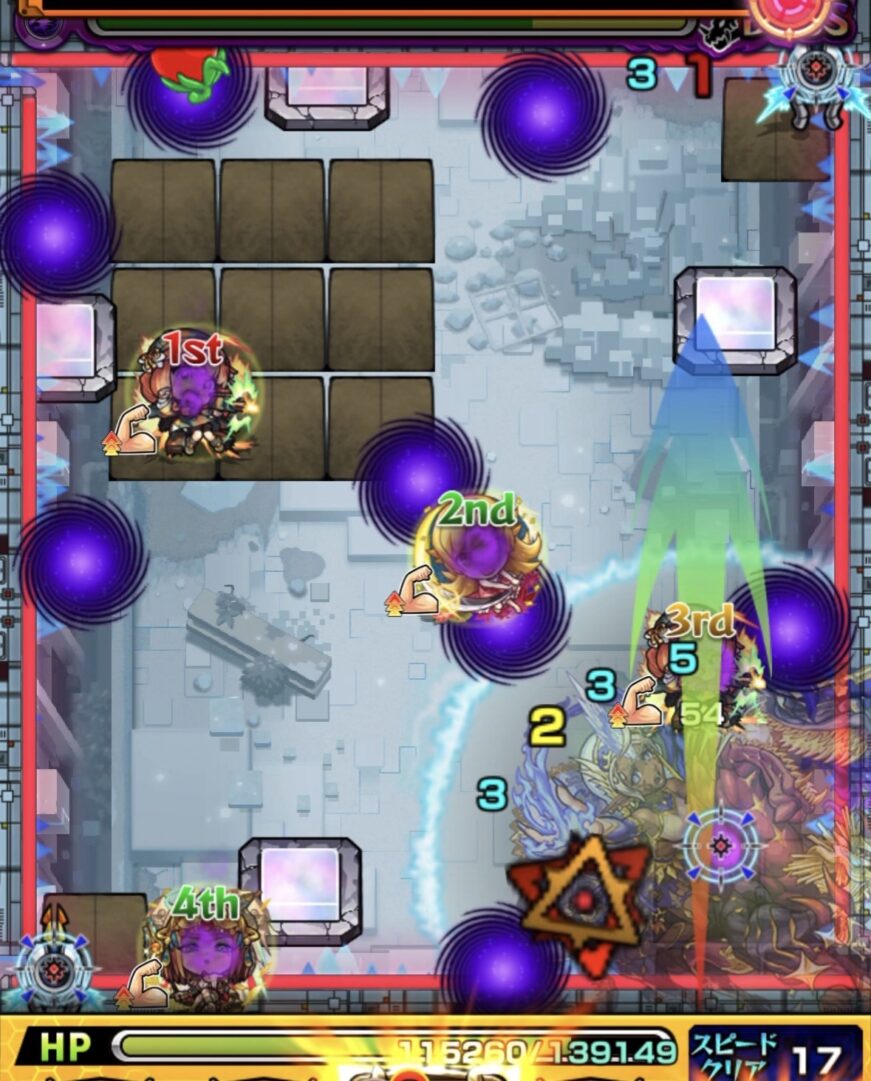 ボス1でゲージを外し、透過パネルを1枚踏んでツクヨミ零を実体化させ、⚁手後のSSに備えて壁際に配置した4手目の場面。