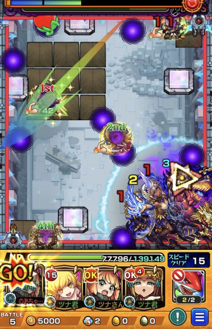 ボス1でチハのSSを使用し、4壁触れと透過パネル4踏みの四角軌道でツクヨミ零をワンパン撃破した場面。