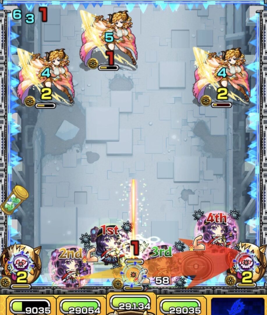 ステージ1の3手目:かちリンを処理しつつ回復し、リンネの友情でハトホルにダメージを与える動き