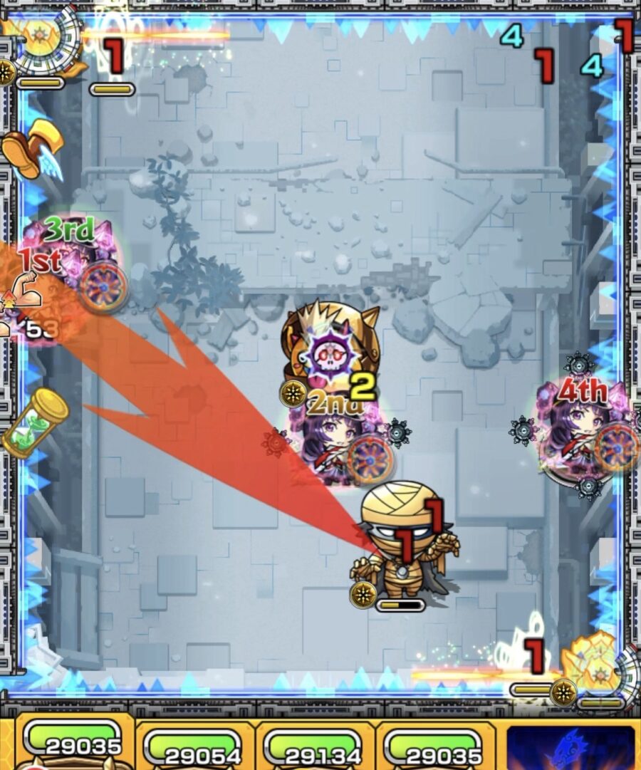 ステージ2の5手目:攻撃力アップ状態の3Pが友情と直殴りでゾンビを処理して突破する動き