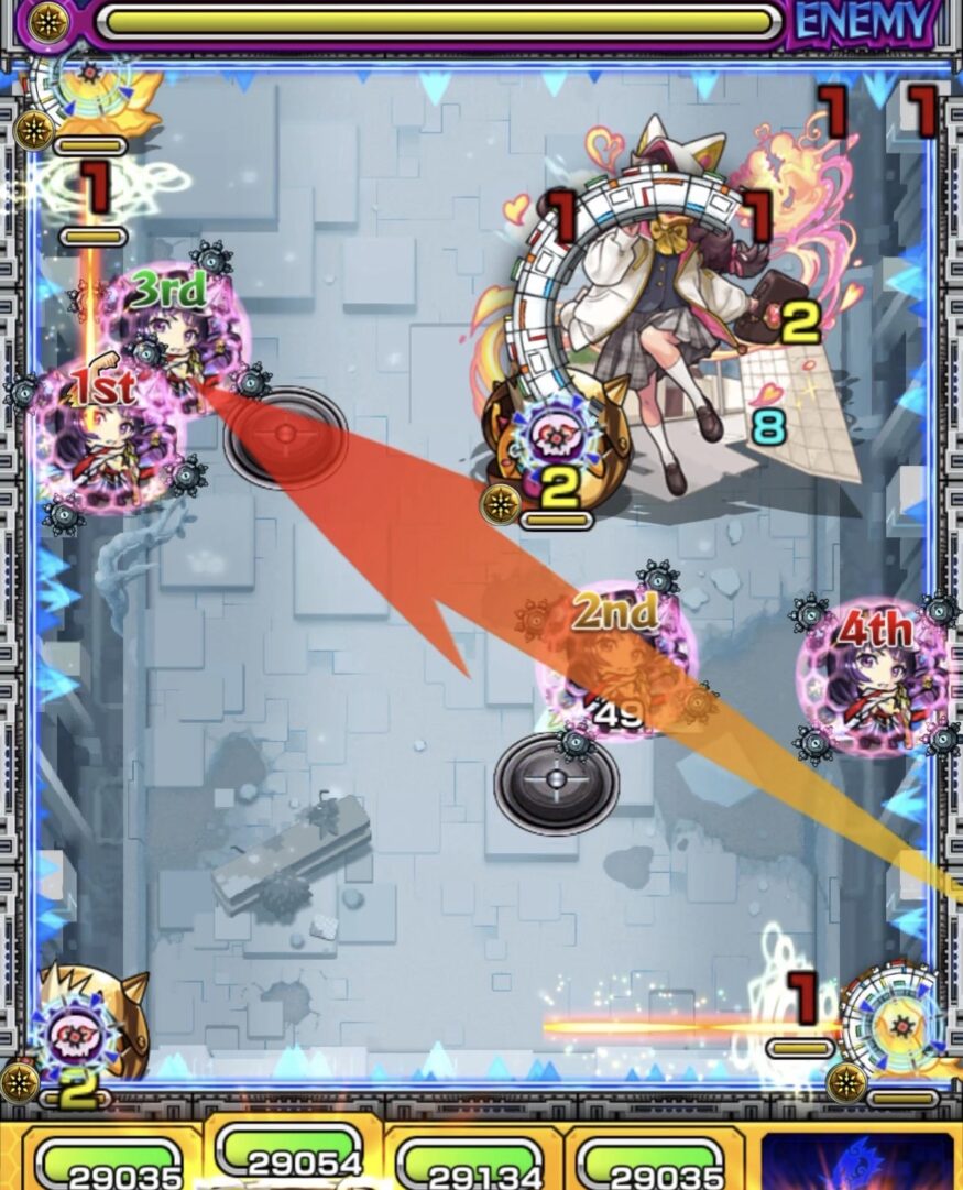 ステージ3の1手目:攻撃力アップ中の3Pリンネに触れて友情を発動し、中ボスとかちリンにダメージを与える動き