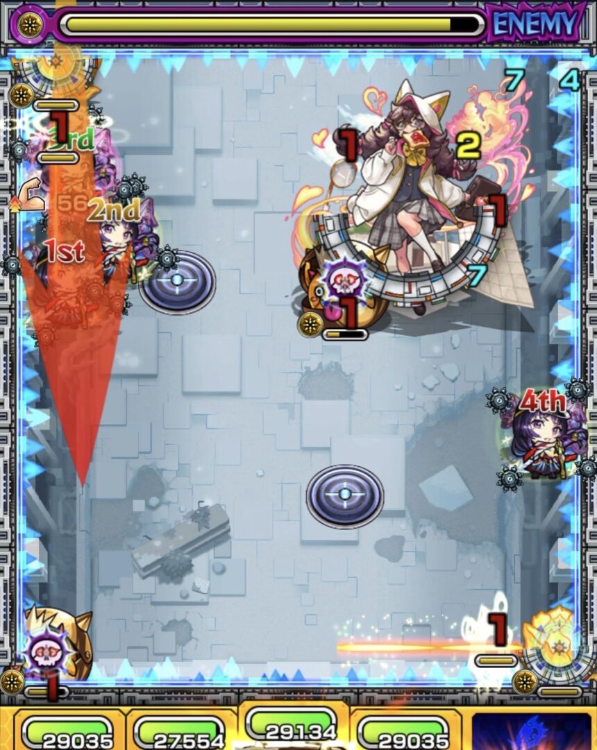 ステージ3の2手目:センサー発動後にかちリンを処理し、友情誘発で中ボスと敵を削る動き