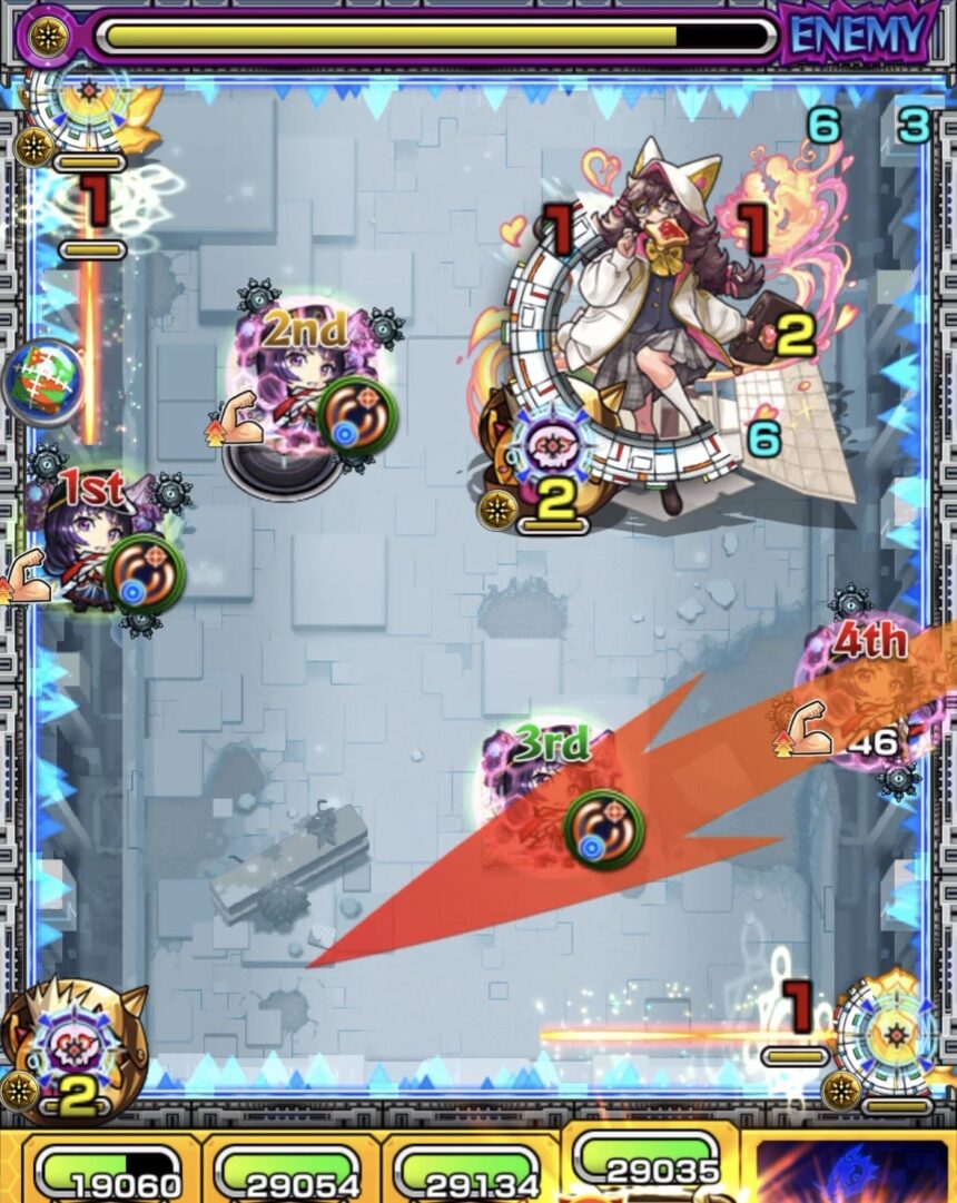 ステージ3の3手目:下のかちリンを処理し、友情誘発で中ボスにダメージを与える動き