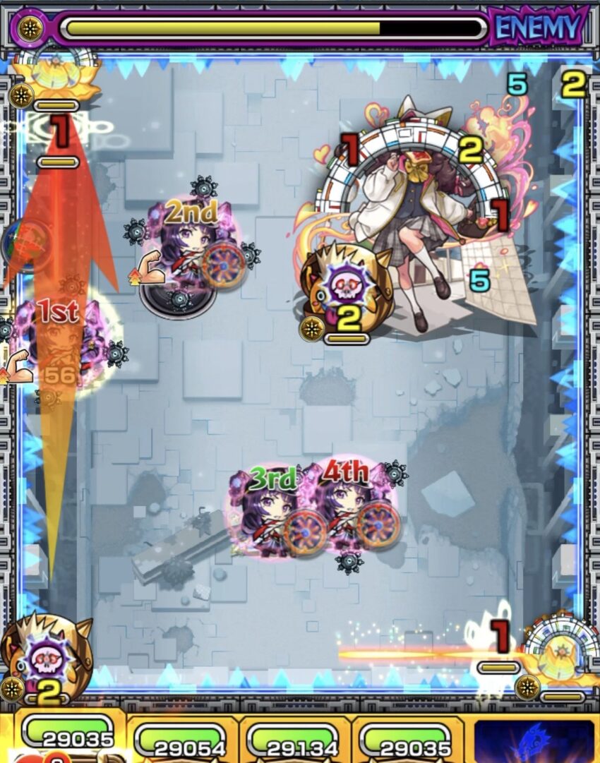 ステージ3の4手目:センサー発動後にかちリンを処理し、友情誘発で中ボスを攻撃する動き