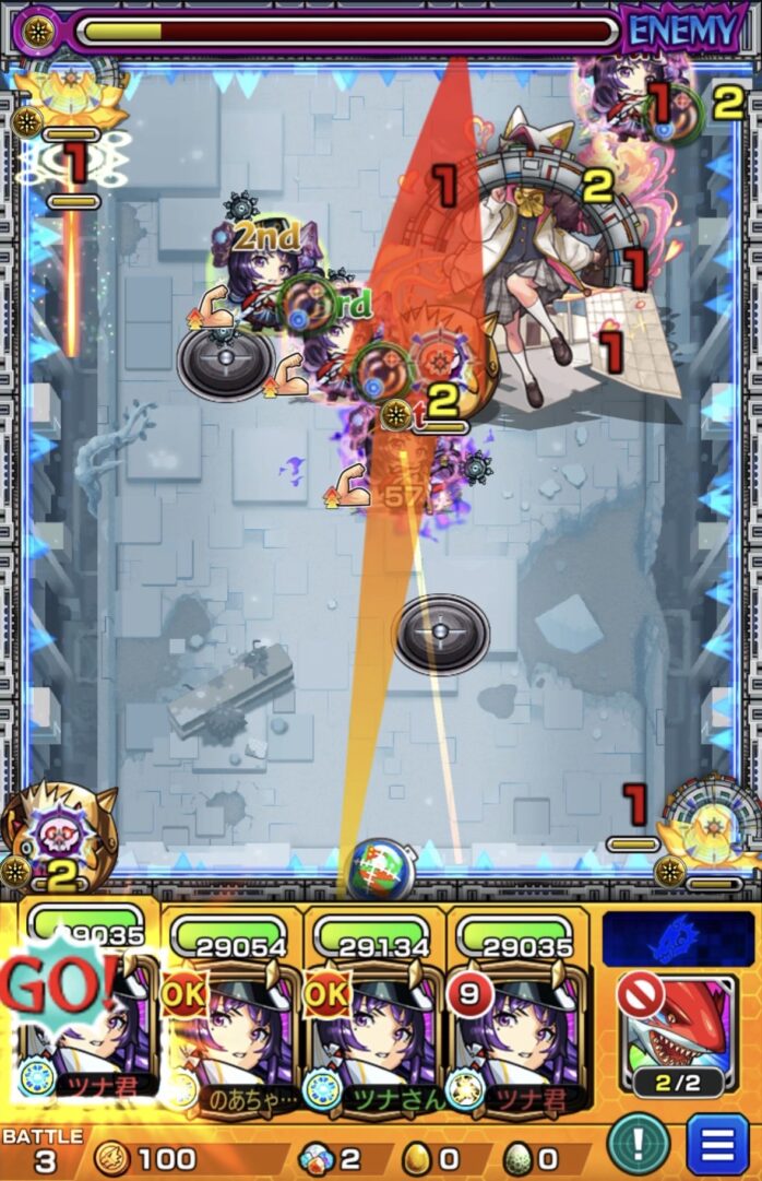 ステージ3の8手目:全滅攻撃前に1PリンネのSSを使い、中ボスを確実に処理して突破する動き