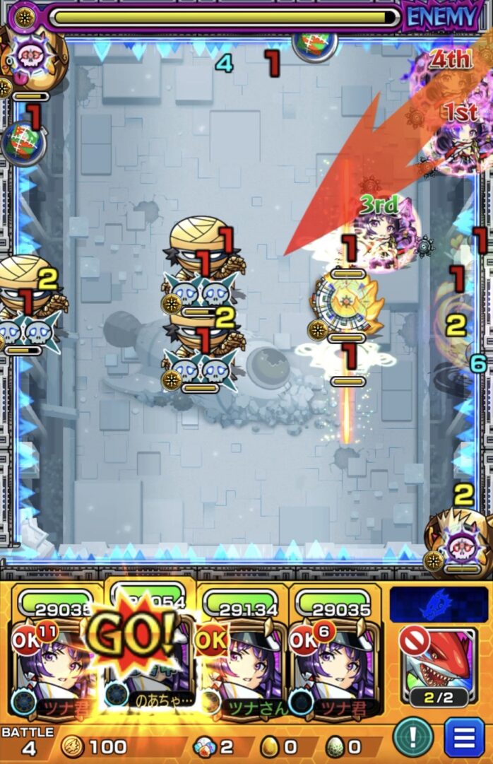 ステージ4の5手目:2PリンネのSSでセンサーを踏み、ゾンビ3体を同時処理して中ボスを呼び出す動き