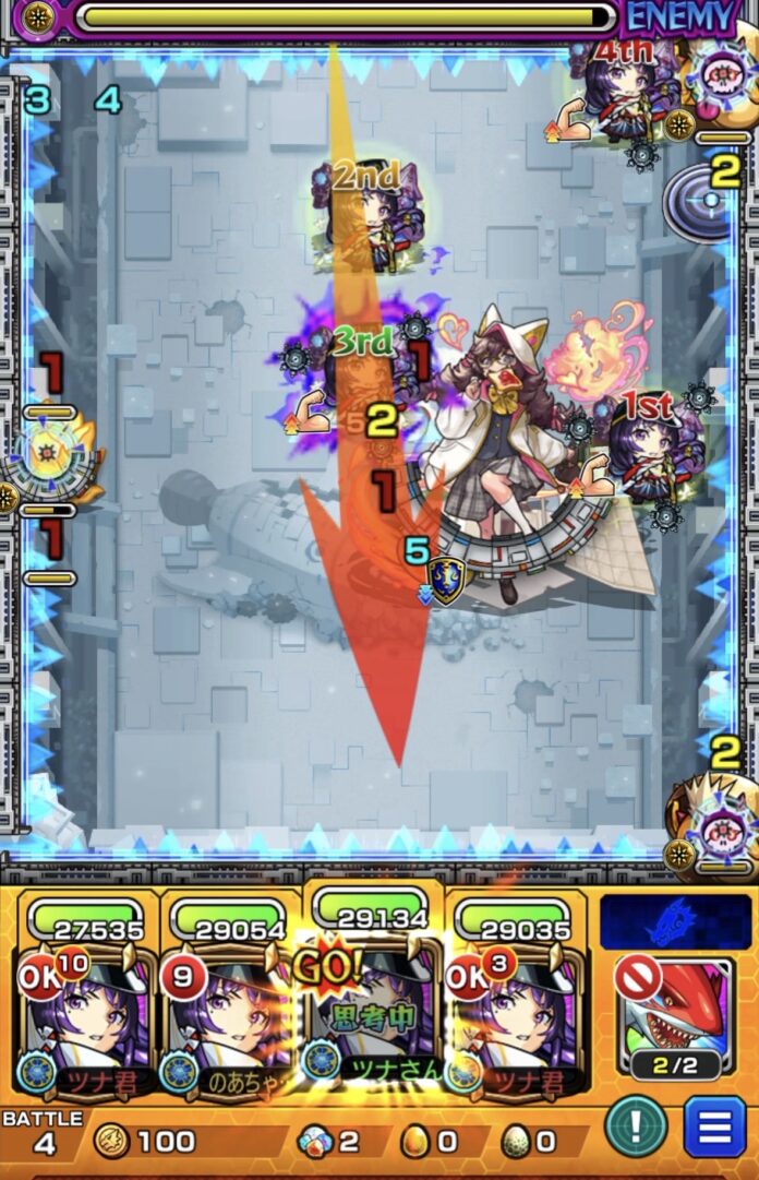 ステージ4の6手目:配置の良い3PリンネのSSで、かちリンを処理しつつ中ボスに大ダメージを与える動き