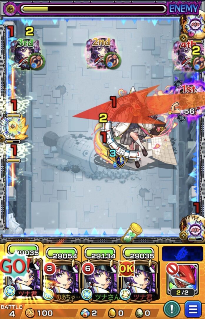 ステージ4の8手目:全滅攻撃前に1PリンネのSSを使い、センサーを踏んで中ボスを撃破する動き