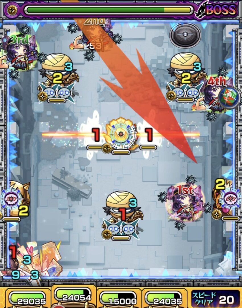 ボス1の1手目:ゾンビの相互蘇生に注意し、センサー経由でかちリンを処理しながら友情で下のゾンビを倒す動き