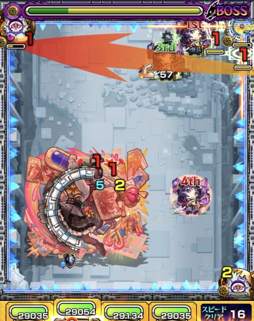 ボス1の5手目:センサー経由で友情を狙うが火力が伸びず、落雷で1Pと2Pが幽霊状態になる場面