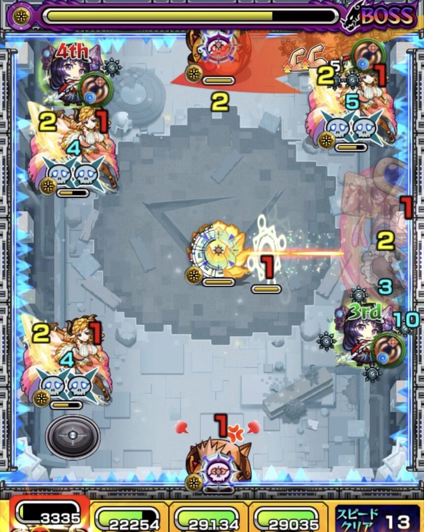 ボス2の2手目:上のかちリンを処理しつつ友情誘発でハトホルを削り、両方を2体ずつ倒す動き