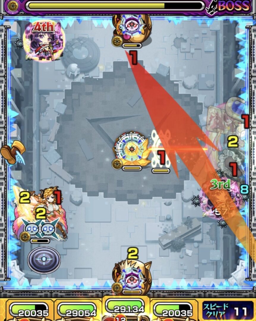 ボス2の4手目:かちリン経由で直殴りと友情を狙うが、攻撃力アップがなくハトホルを削り切れない場面