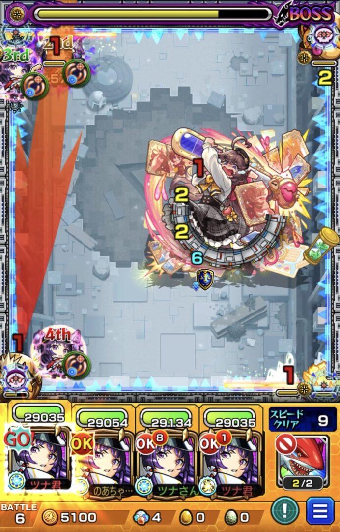 ボス2の6手目:1PリンネのSSでセンサーを踏み、直殴りと友情でボスのHPを大きく削る動き
